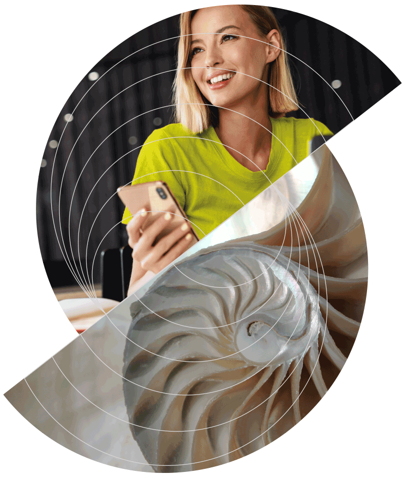 Woman on mobile and shell structure